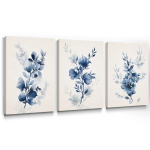 Floral wall art, modern blue floral watercolor painting, framed, home decoration plant art, ready to hang.