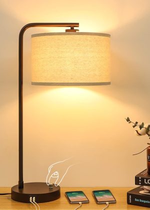 Dimmable Side Table Lamp with Dual USB Interface