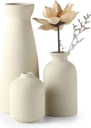 Beige Ceramic Vase Set - 3 Small Vases, Decorative Use, Modern Bohemian Farmhouse Style Home Decor, Suitable for Reeds and Dried Flowers