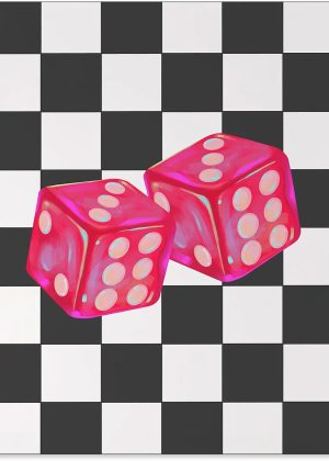 Retro pink lucky dice poster, trendy girly canvas painting, bar cart wall decoration
