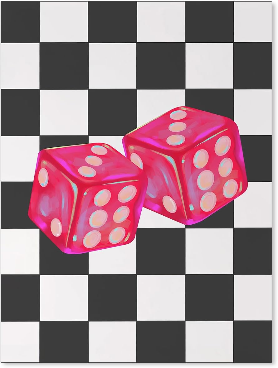 Retro pink lucky dice poster, trendy girly canvas painting, bar cart wall decoration