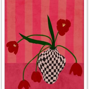 Contemporary eclectic canvas wall decoration, tulip print poster in a checkered vase, whimsical floral art