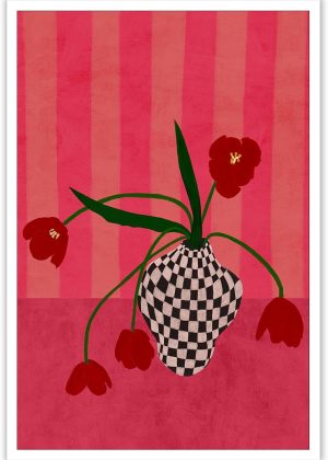 Contemporary eclectic canvas wall decoration, tulip print poster in a checkered vase, whimsical floral art
