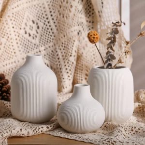 Modern Minimalist White Ceramic Decorative Vase Set of Three, Neutral Small Ribbed Vase
