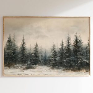 Winter forest canvas wall art, vintage Christmas painting, evergreen art piece, winter landscape art painting