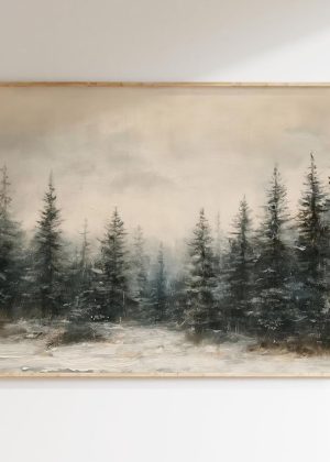 Winter forest canvas wall art, vintage Christmas painting, evergreen art piece, winter landscape art painting