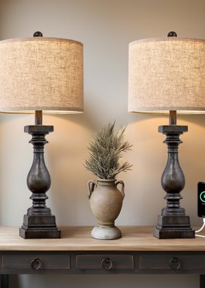 2-Pack 27-inch Country Style Table Lamp with USB A+C Interface