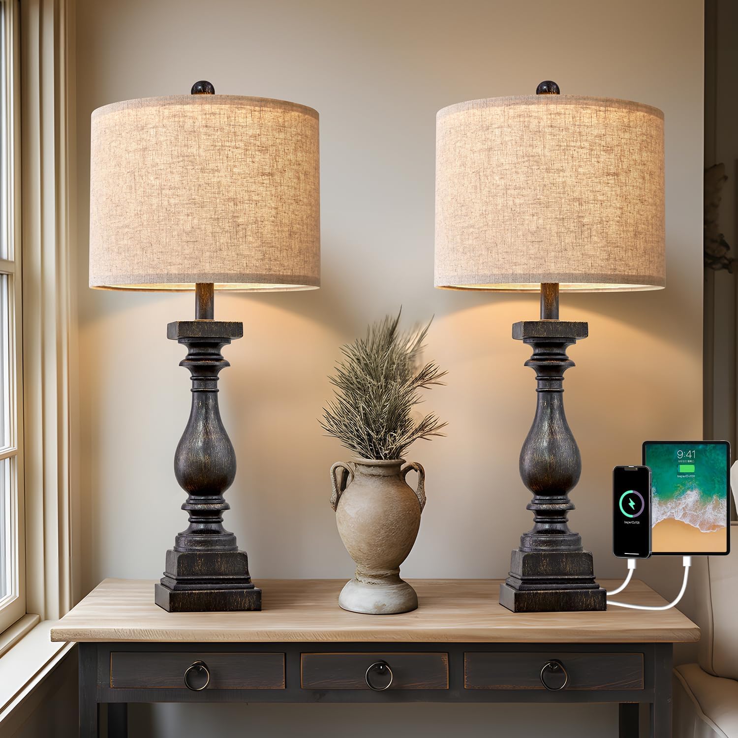 2-Pack 27-inch Country Style Table Lamp with USB A+C Interface