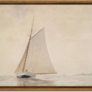 Framed canvas wall art, white sailboat seascape watercolor vintage canvas painting - coastal style wall art