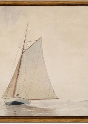Framed canvas wall art, white sailboat seascape watercolor vintage canvas painting - coastal style wall art