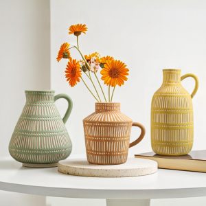 Ceramic Vase Set (3 pieces), Suitable for Living Room and Bedroom, Modern Yellow-Brown Green Simulation Vase