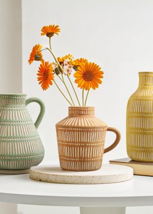 Ceramic Vase Set (3 pieces), Suitable for Living Room and Bedroom, Modern Yellow-Brown Green Simulation Vase