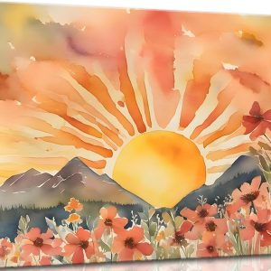 Canvas wall art, watercolor landscape of sunset and wildflowers at sunrise in the mountains, suitable for living room and bedroom decoration, poster print art.