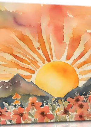 Canvas wall art, watercolor landscape of sunset and wildflowers at sunrise in the mountains, suitable for living room and bedroom decoration, poster print art.