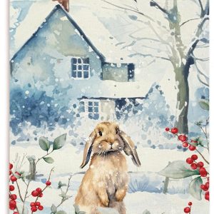 Winter Christmas poster frame, watercolor rabbit on wooden canvas, Christmas snow scene with red berries and branches, rabbit animal theme wall art.