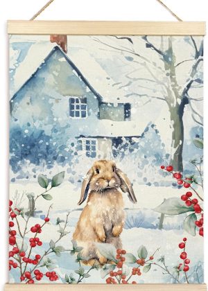 Winter Christmas poster frame, watercolor rabbit on wooden canvas, Christmas snow scene with red berries and branches, rabbit animal theme wall art.