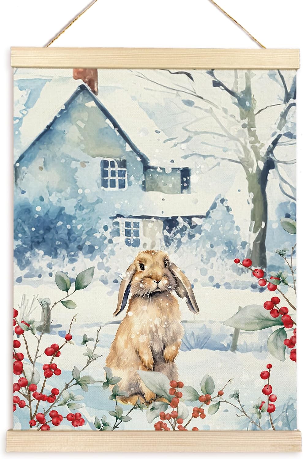 Winter Christmas poster frame, watercolor rabbit on wooden canvas, Christmas snow scene with red berries and branches, rabbit animal theme wall art.