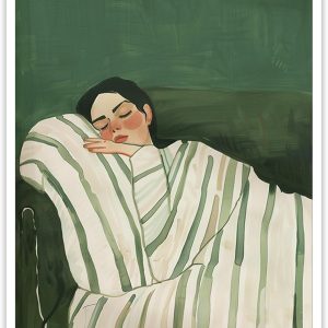Contemporary woman reclining on a sofa wall decoration, eclectic emerald green poster, minimalist striped decoration, modern portrait canvas painting