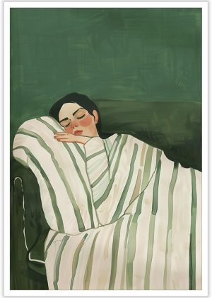 Contemporary woman reclining on a sofa wall decoration, eclectic emerald green poster, minimalist striped decoration, modern portrait canvas painting
