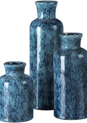 Blue Ceramic Vase Set, Rustic Style Vase, Home Decor, Living Room Tabletop Decoration