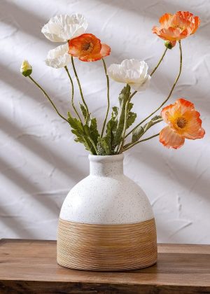 Large Country Farmhouse Style Ceramic Vase, Vintage Reed White Modern Decorative Ceramic Vase
