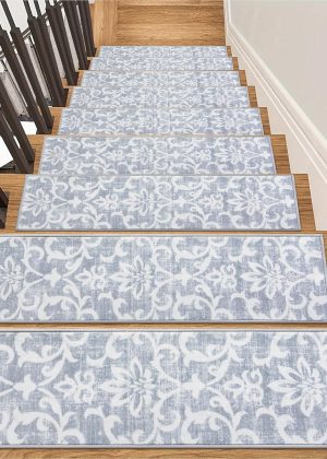 Non-slip base carpet stair treads, 15-pack, 8" x 30" for indoor wooden stairs, soft, washable, oriental style stair rug