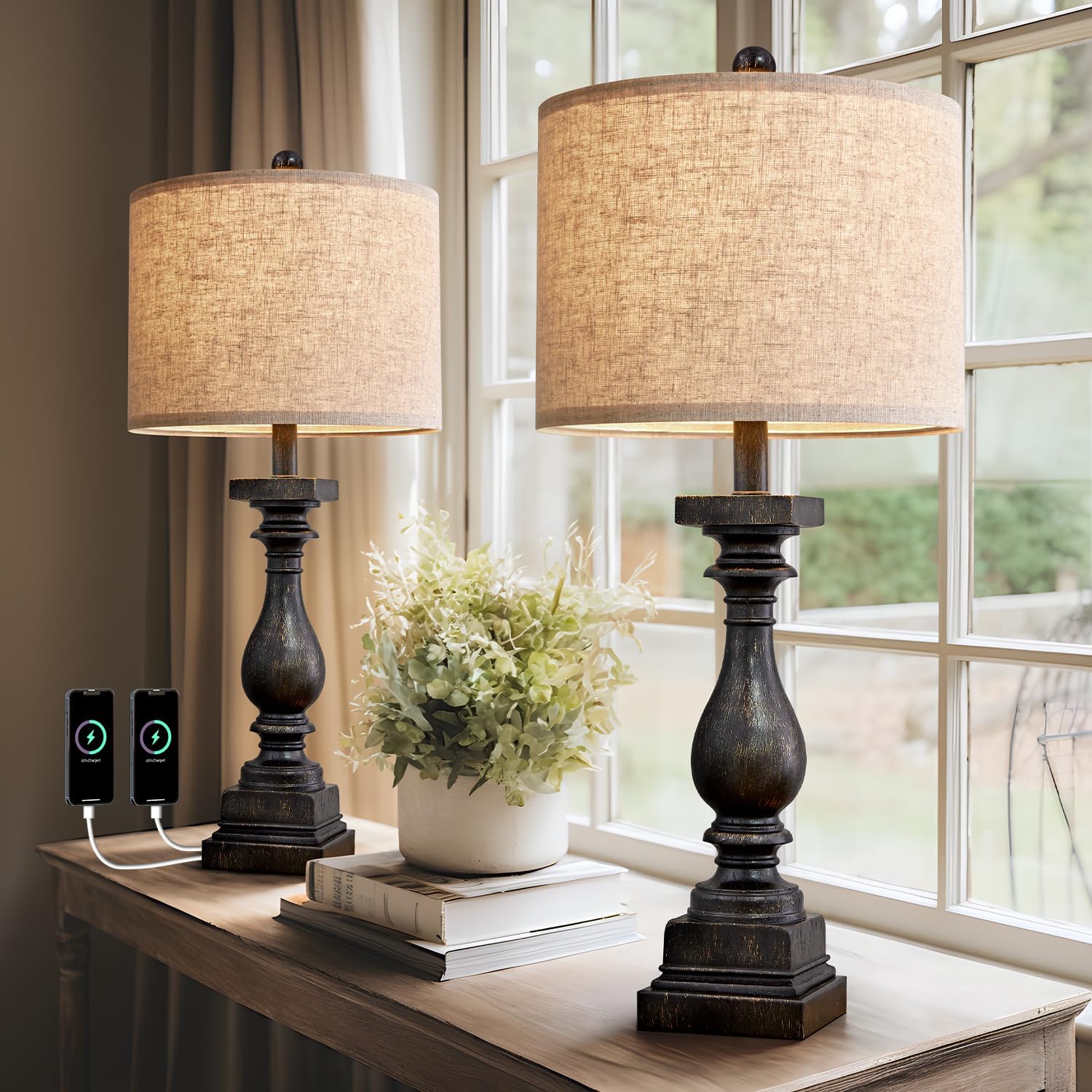 2-Pack 27-inch Country Style Table Lamp with USB A+C Interface - Image 2