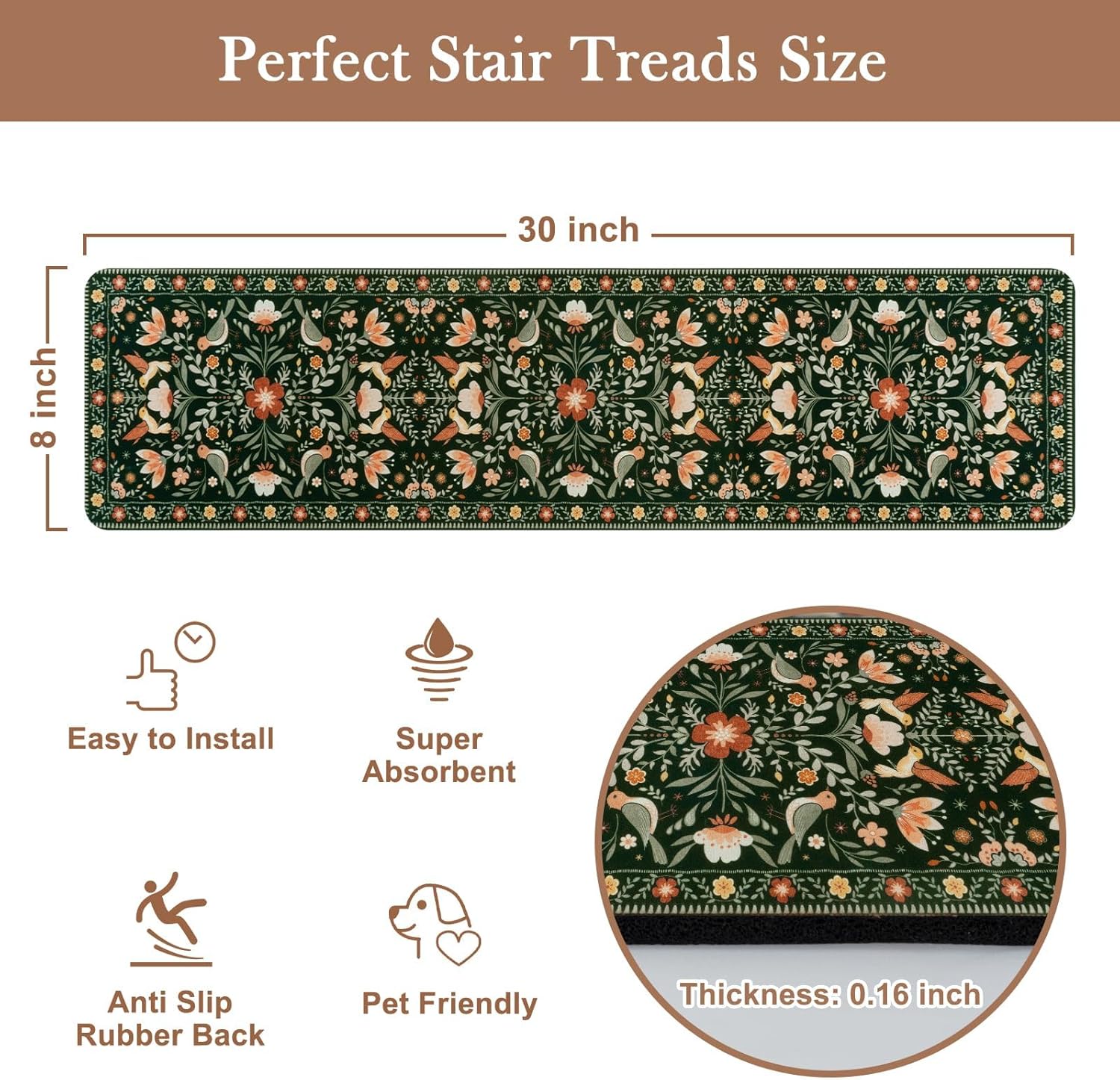 Floral pattern non-slip stair mats for indoor wooden steps, 15-pack, 30" x 8" carpet stair treads - Image 2