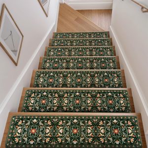 Floral pattern non-slip stair mats for indoor wooden steps, 15-pack, 30" x 8" carpet stair treads
