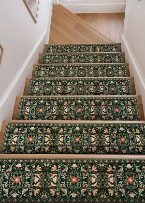 Floral pattern non-slip stair mats for indoor wooden steps, 15-pack, 30" x 8" carpet stair treads