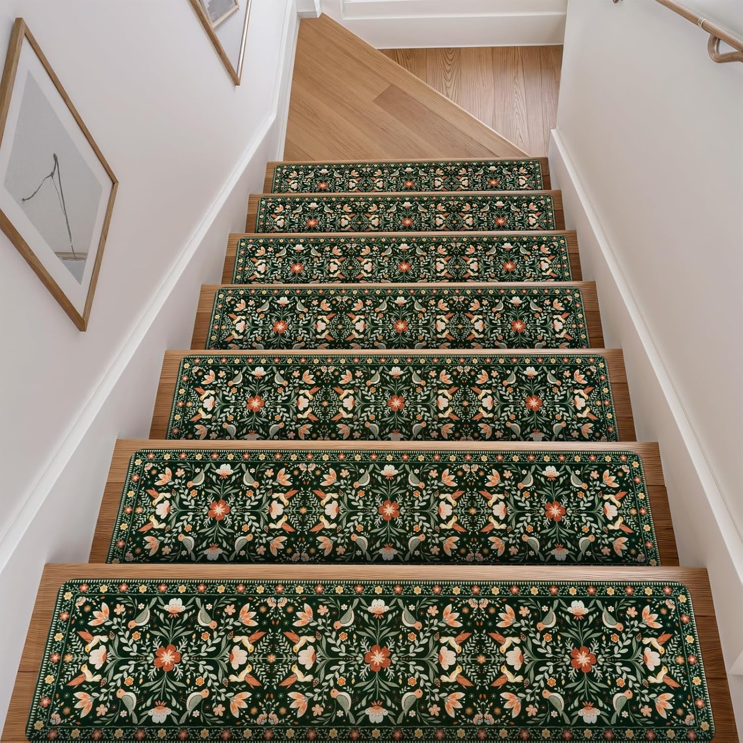 Floral pattern non-slip stair mats for indoor wooden steps, 15-pack, 30" x 8" carpet stair treads