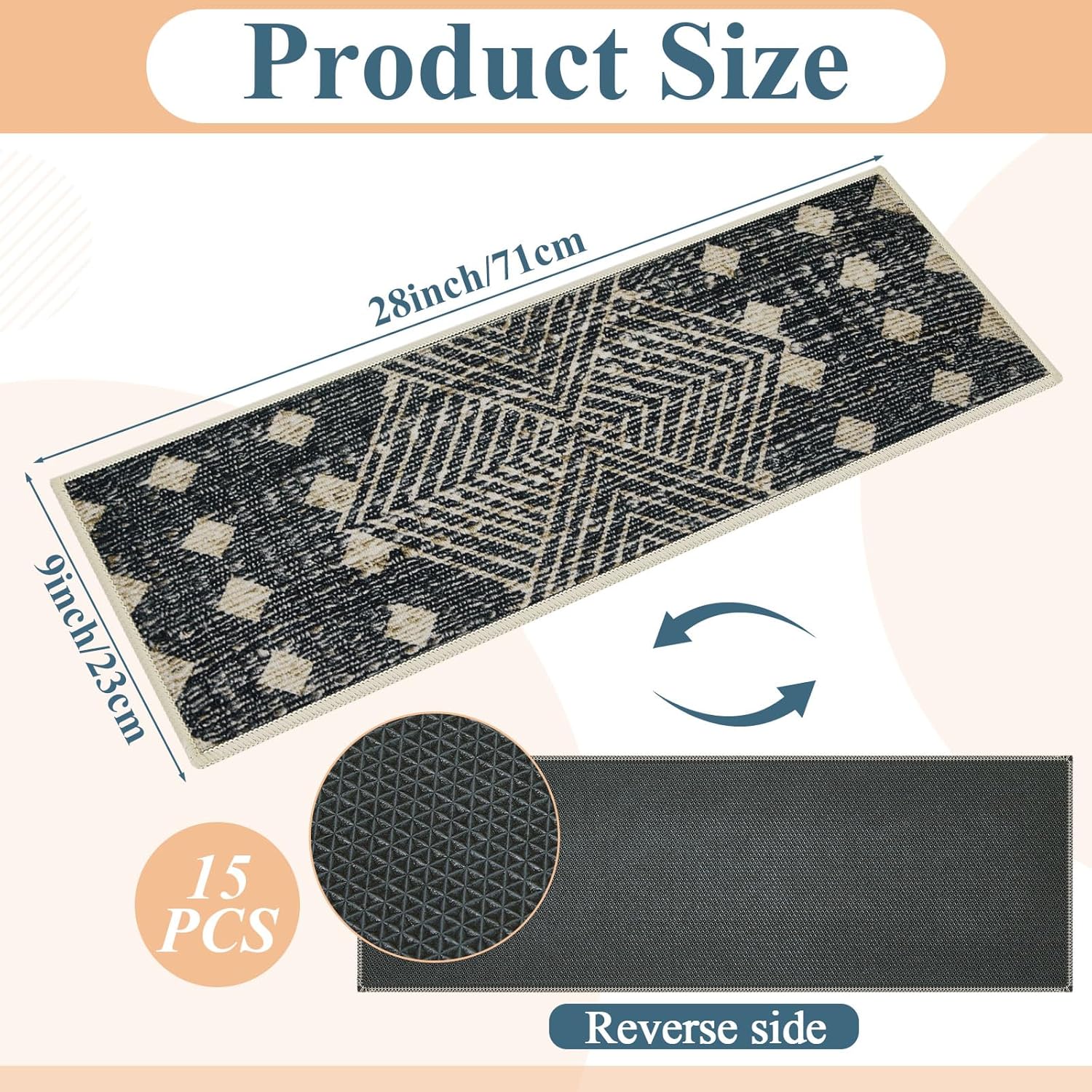 15-pack anti-slip stair mats for wooden steps - safety stair mats, TPR backing, soft surface, 28 x 9" universal indoor and outdoor carpet - Image 2