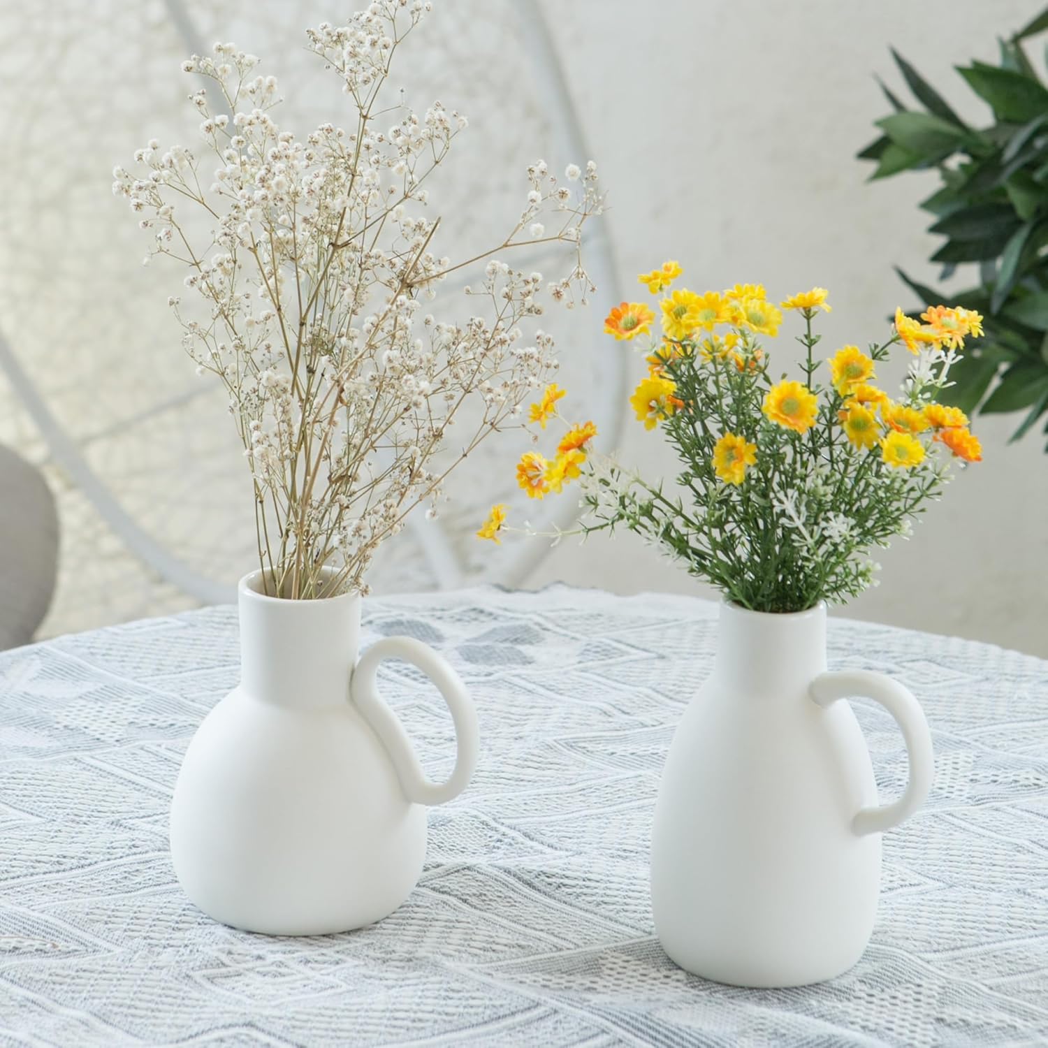 White Ceramic Vase Set - 2 Small Vases with Handles, Modern Home Decor Ceramic Vase - Image 2