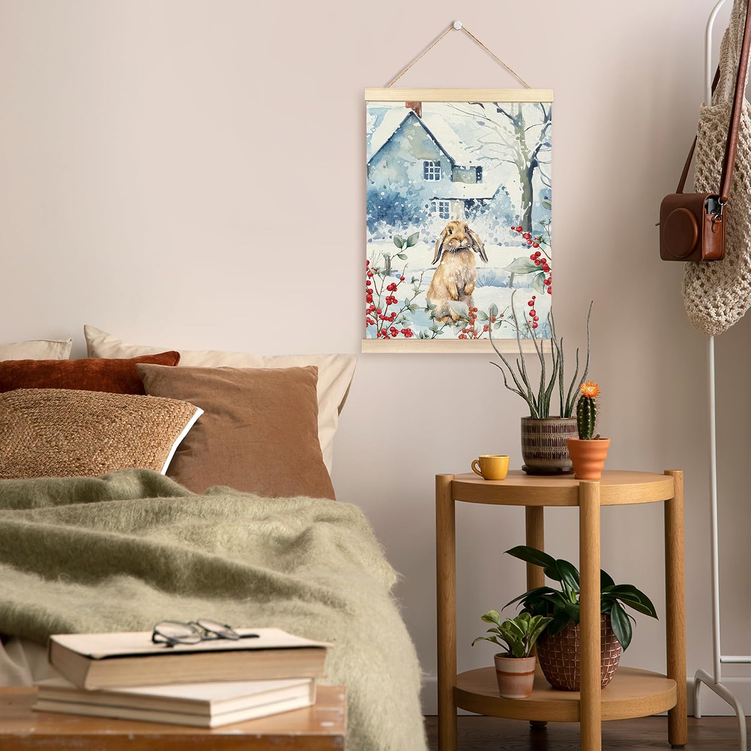 Winter Christmas poster frame, watercolor rabbit on wooden canvas, Christmas snow scene with red berries and branches, rabbit animal theme wall art. - Image 2
